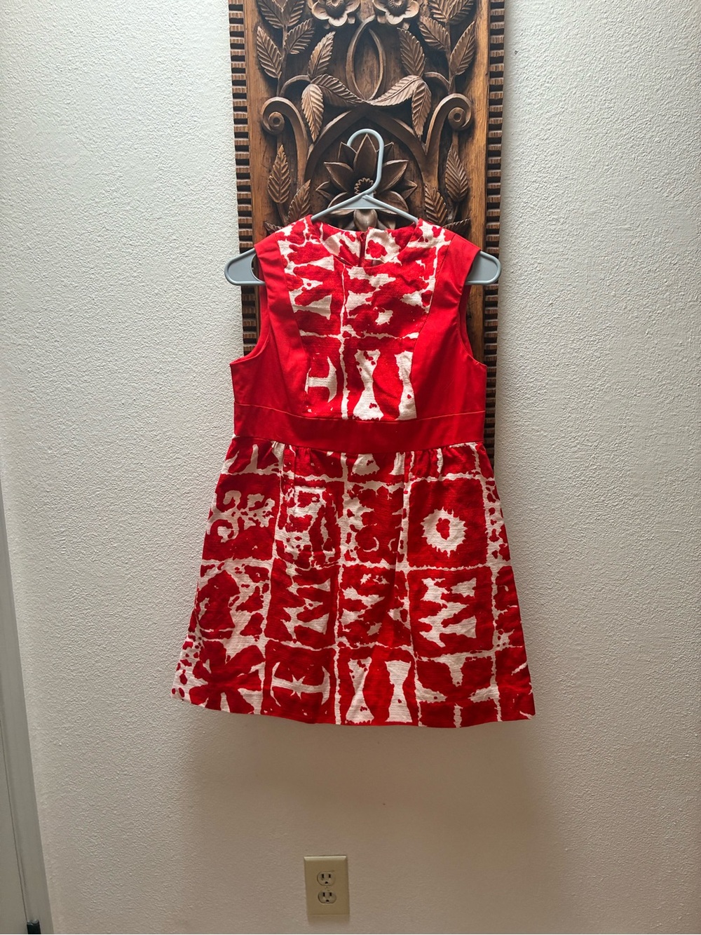 Women’s Vintage Red & White Barkcloth Floral/Tie-Dye Style Dress